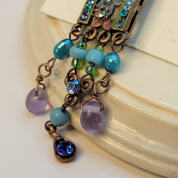 Blue and Lavender Crystal and Beaded Flower Dangle  Earrings - Picture 6 of 16